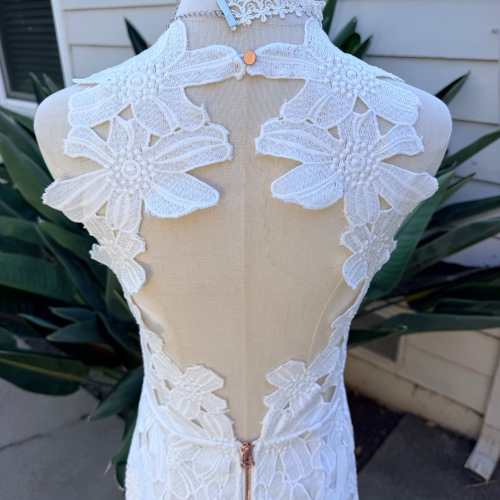 White Floral Lace High Neck Open Back Mini Dress Rose Gold Zip Sleeveless